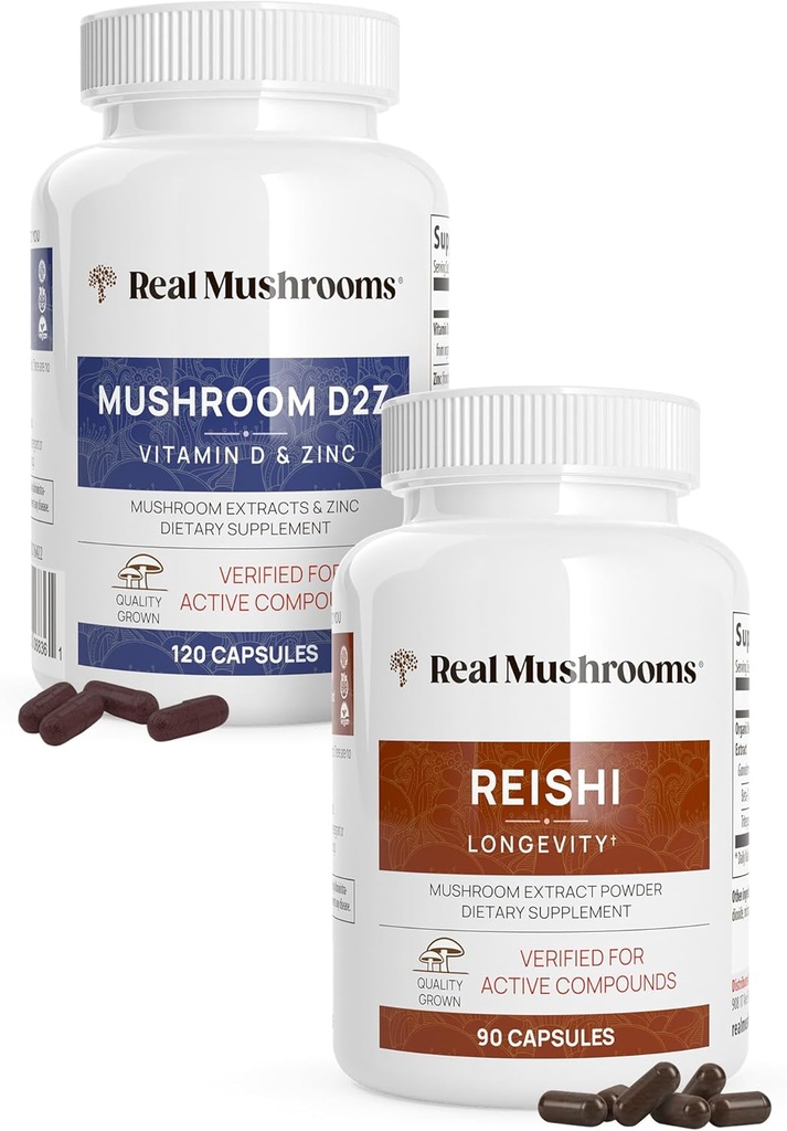 Real Mushrooms Vitamin D2, Zink (120ct) och Reishi 415 (90ct) Bundle med Chaga - Naturligt stöd för immunitet, bättre sömn och avkoppling - Vegan, Glutenfri, icke-GMO, organiska svampextrakt