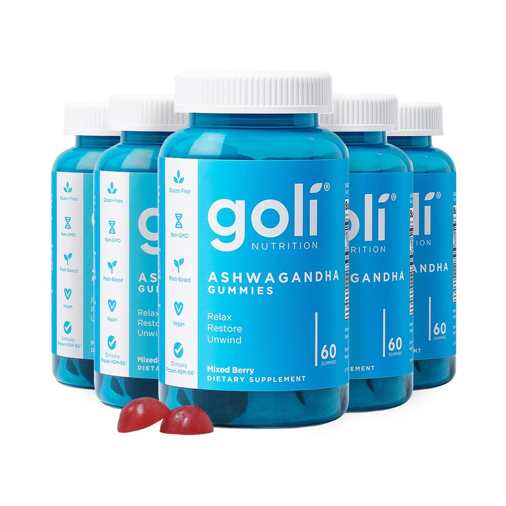 Goli Ashwagandha & Vitamin D Gummy - 300 greve - Mixed Berry, KSM-66, Vegan, Plant Based, Non-GMO, Gluten-Free & Gelatin Free Relax. Återställ. Unwind, pack 5