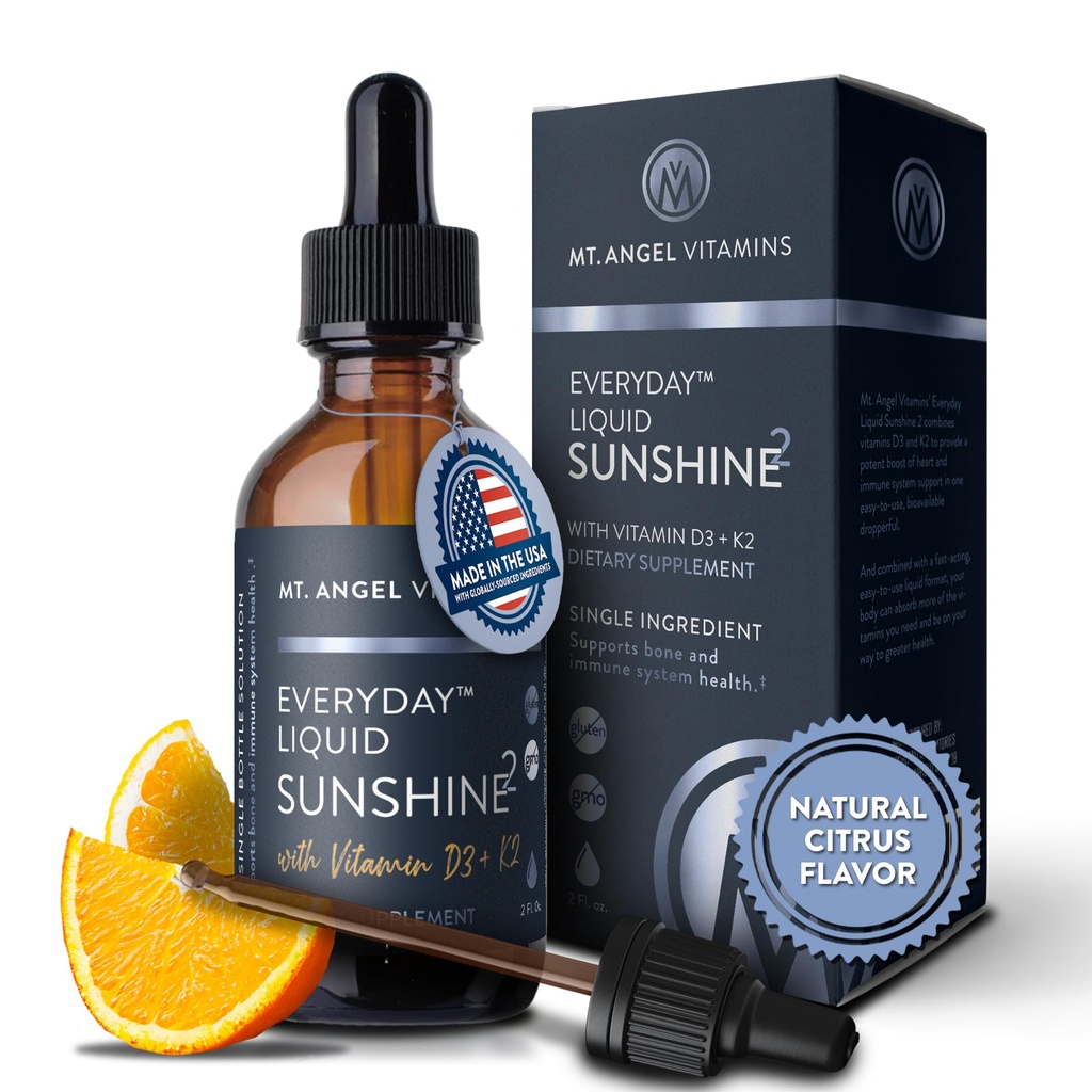 Mt Angel Vitamins - Vegan Vitamin D3 & K2 Liquid Supplement - 5000 IE D3, Trans MK7 K2 - Glutenfri, Non-GMO - Perfekt för vuxna och barn - Din dagliga dos av solsken | K2 D3 Vitamin Supplement