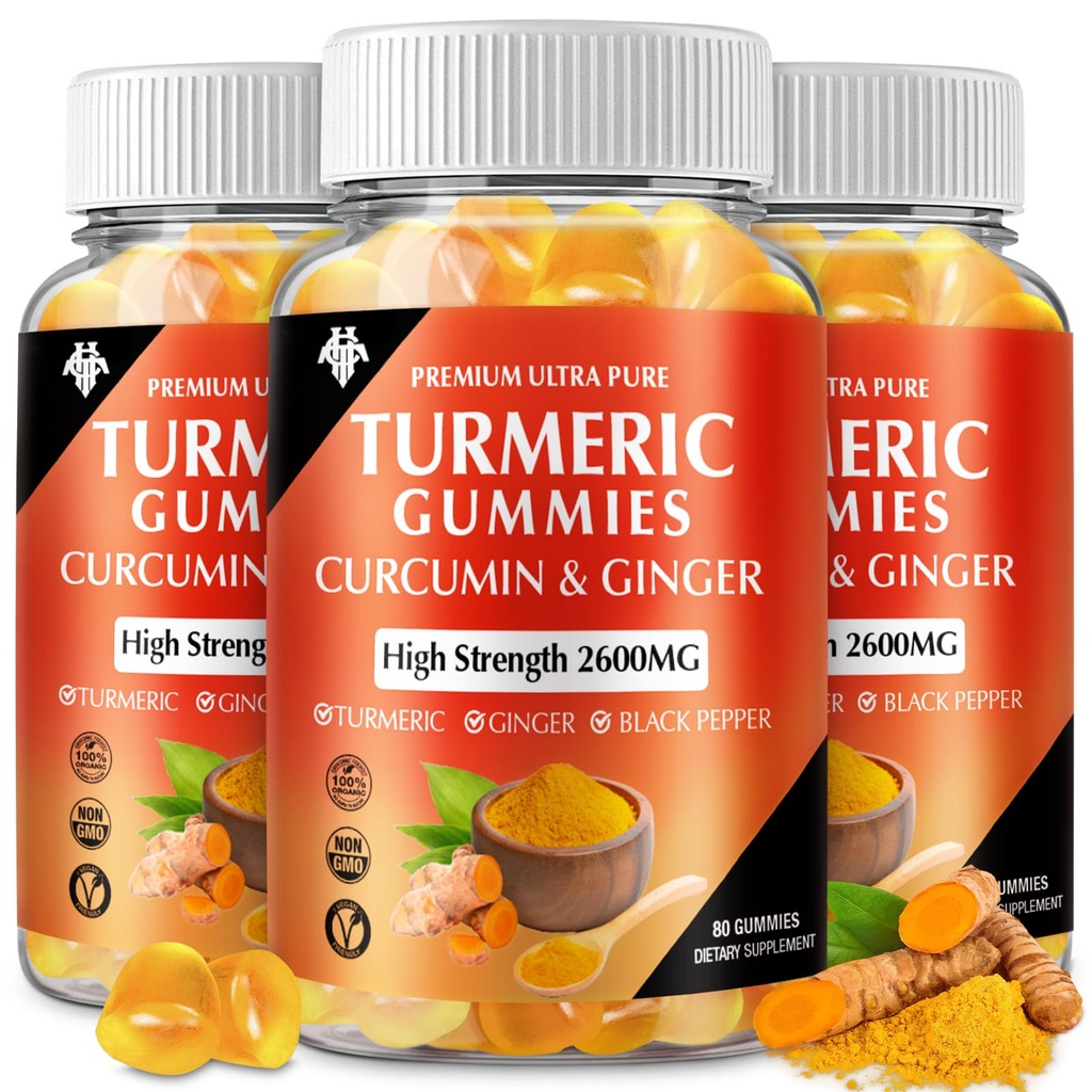 Gummies (3 Pack) - Gurkmeja Curcumin Supplements med Ginger & Black Pepper Gummies för Immune Muscle Support Healthy Skin - Vegan, Gluten Free, Low Sugar - för vuxna