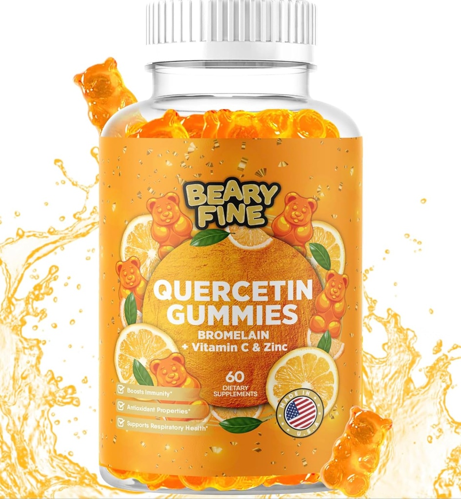 Quercetin med Bromelain Gummies - Vitamin C + Zink & Vitamin D3 - Extra Strength Immune Support Booster - 60 Quercetin Gummies - Tillverkad i USA