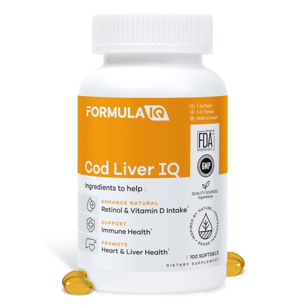 FIQ - Cod Liver IQ - Cod Liver Oil Softgels - Natural Source of Vitamins A & D och Omega-3 Fatty Acids - Heart, Liver & Immune Health - 100 Softgels