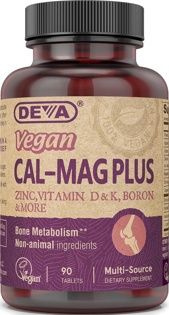 DEVA Vegan Cal MAG Plus Supplement med Calcium, Magnesium, Zink, Boron, Vitamin C, D & K, 90 tabletter, 12-pack
