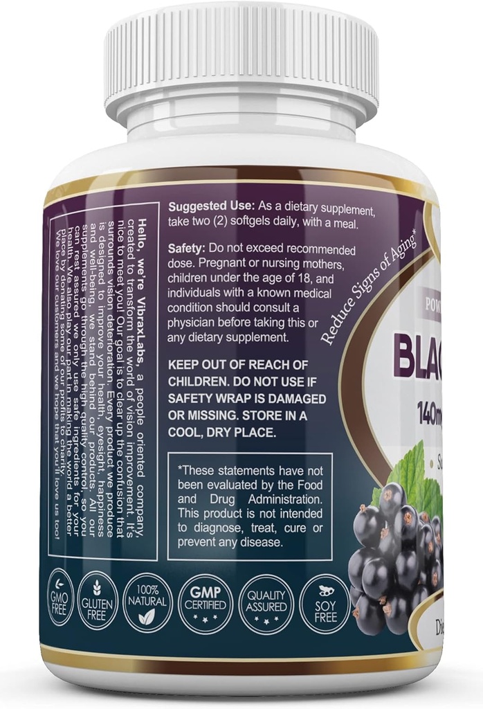 Vibraxlabs Black Currant Oil 1000mg - Hexane Free - Natural Anti Aging Antioxidant med High GLA Formel - Stöder hår, hud, gemensam och ögonhälsa - Premium Black Currant Seed Oil Softgel Supplement