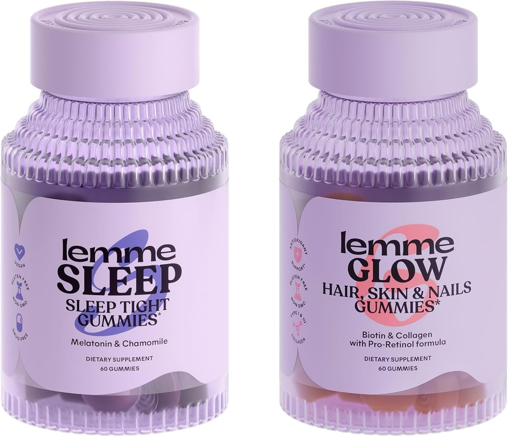 Lemme Sleep & Glow Bundle - Sleep Gummies, en Drug-Free Nighttime Aid & Glow Biotin & Collagen Hair Gummies för stark, tjockt hår & Reduced Shedding - Gluten / Gelatin Free, Non-GMO - 60 Ct. Varje