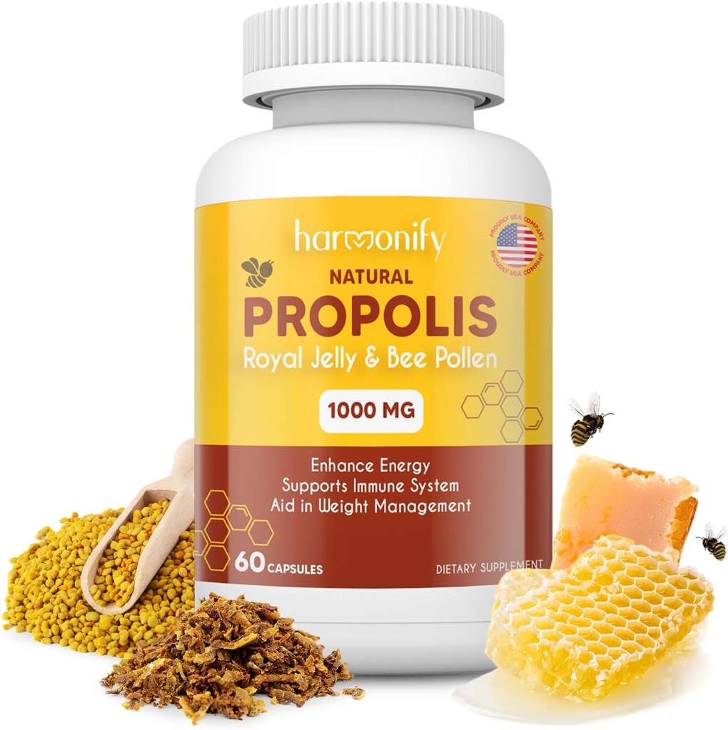 Bee Pollen Propolis Royal Jelly Extract med Carob, Pure Immune Support Supplement, Gluten-Free, Vegetariska kapslar, 1000 mg