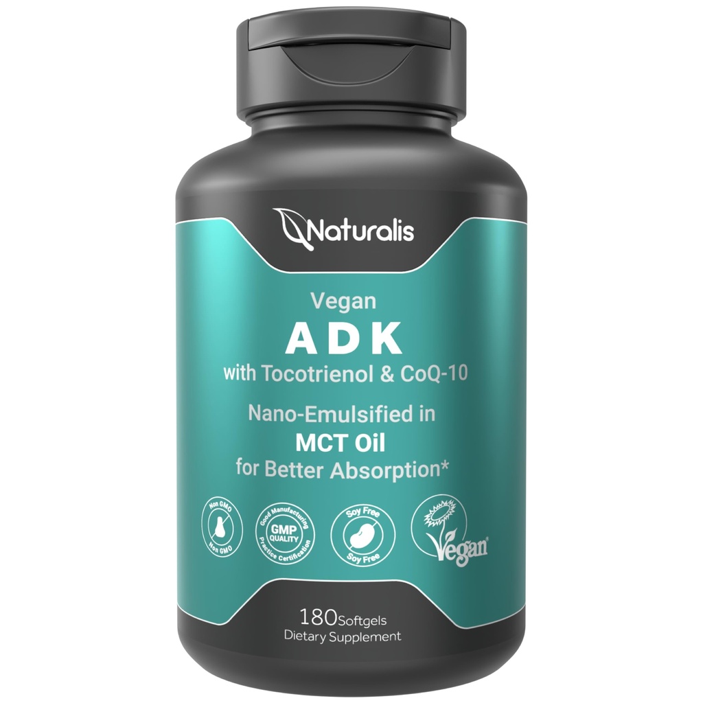 Naturalis Vegan Vitamin ADK med 50mg Tocotrienol och CoQ-10 | Nano-Emulsified i EVOO för bättre absoprtion | Non-GMO, Soy Free och Vegan Society Certified | 180 Veggie Softgels (Carrageenan Free)