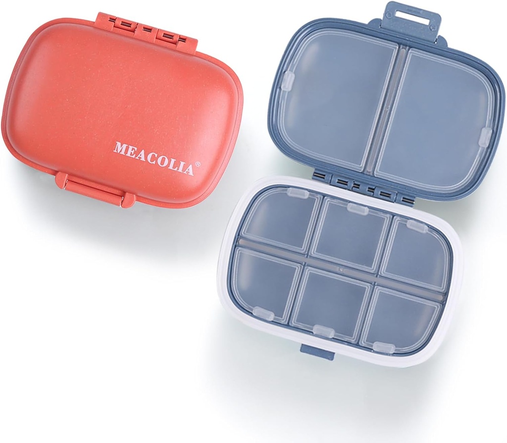 MEACOLIA 2 Pack 8 Compartments Travel Pill Organizer Box Moisture Proof Small Pill Case för Pocket Purse Daily Pill Holder Container för medicin Vitamin (Dark Blue & Red)