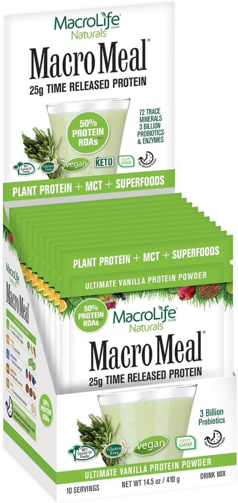 MacroLife Naturals MacroMeal Vegan Vanilla Superfood Supplement Powder Protein + Greens, Probiotika, Digestive Enzymes, Fiber - Energi, Detox, Immune - Non-GMO, Gluten-Free- 10 Packet Servings