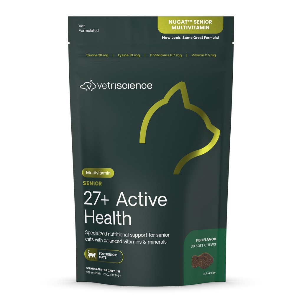 VetriScience Senior 27 + Active Health Chews, Nu Cat Daily Multivitamin för äldre katter, balanserade vitaminer, mineraler och antioxidanter, hälsosam åldrande och välbefinnande, fisk, 30 greve