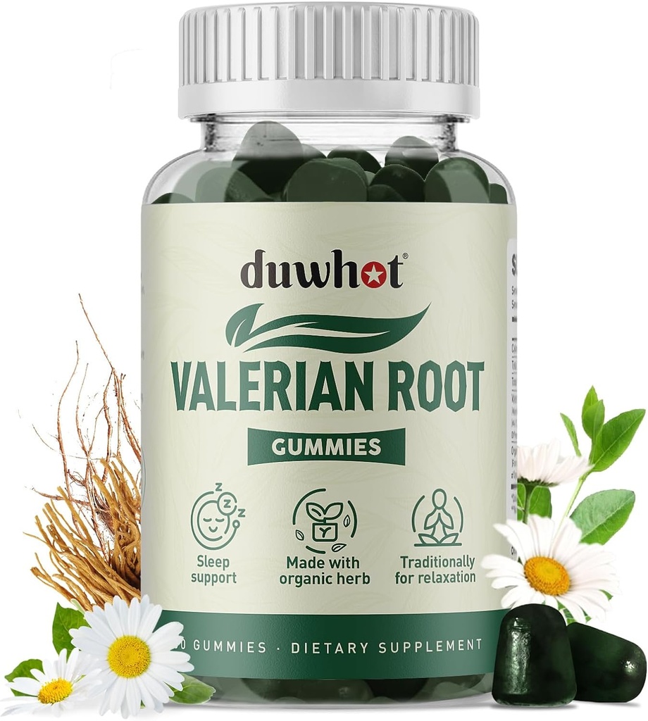 Valerian Root Gummy, Organic Valerian Root for Sleep & Stress Relief, förbättrad med Chamomile Flower för vuxna, barnvänlig, Apple Flavor, 60 grejer