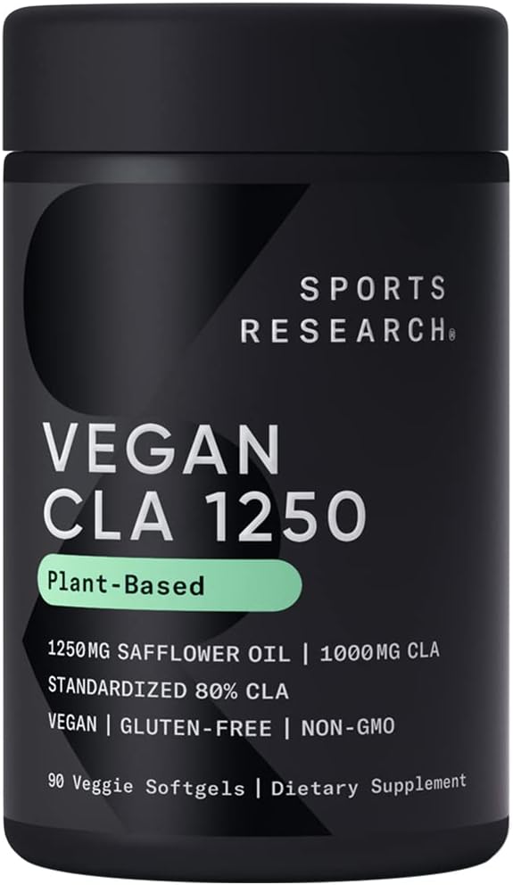 Sportforskning Vegan CLA - 1250mg med aktiv konjugerad linolsyra för män och kvinnor | Icke-GMO, Soy & Gluten Fri - 80% (90 Softgels)