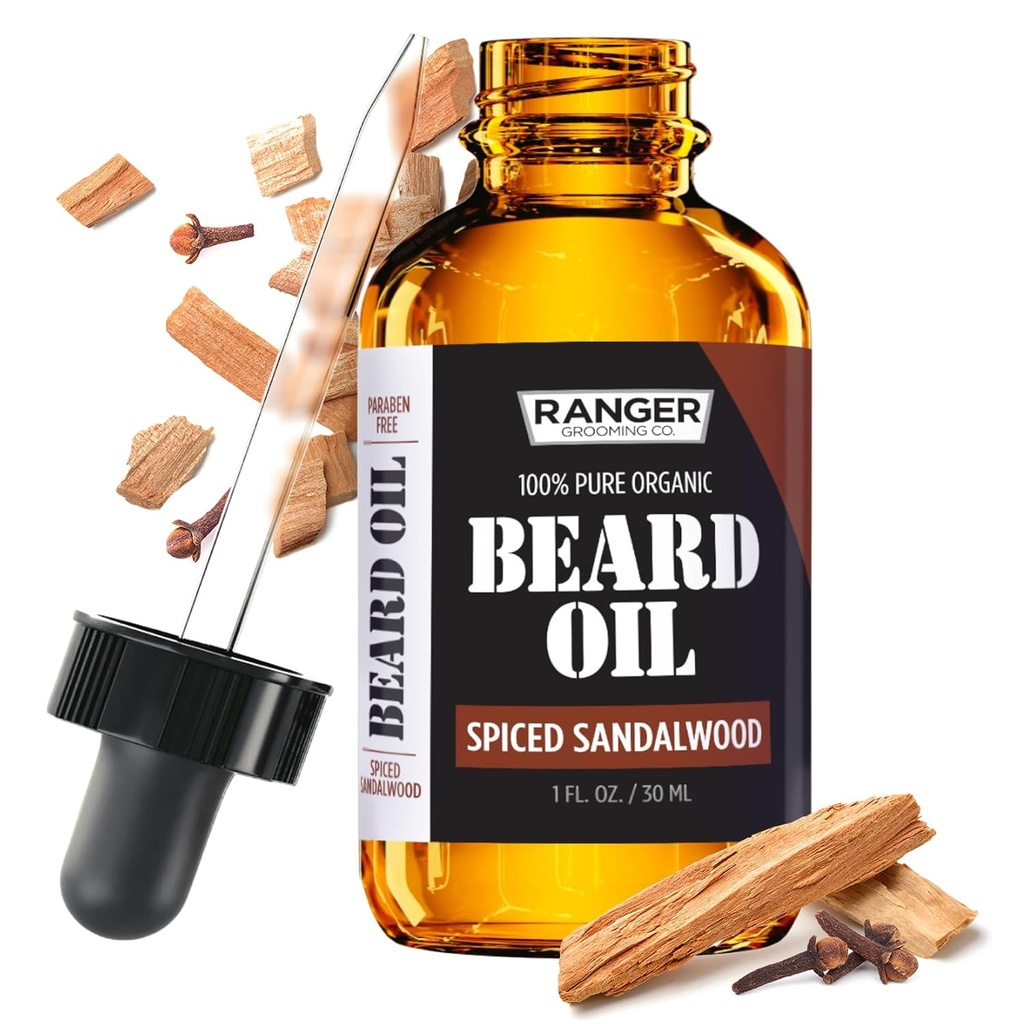 Leven Rose Spiced Sandalwood Beard Oil & Leave In Conditioner av Ranger Grooming Co, 100% Pure Natural Organic för Groomed Beards, Mustaches och Moisturized Skin 1 oz