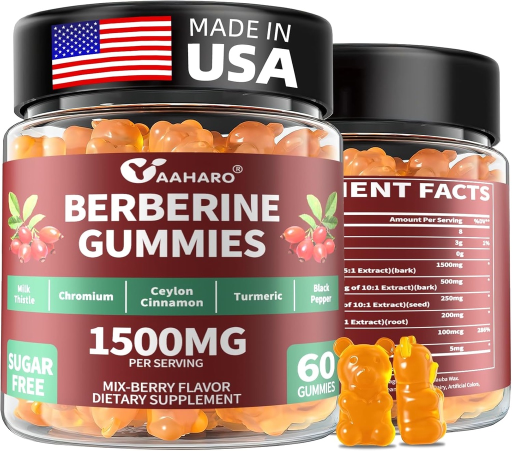Berberine med Ceylon Cinnamon Gummies - 1500mg Berberine HCI Supplement med Chromium,Turmeric och Milk Thistle - Immune Support - för kvinnor och män - 60 Sugar Free Gummies