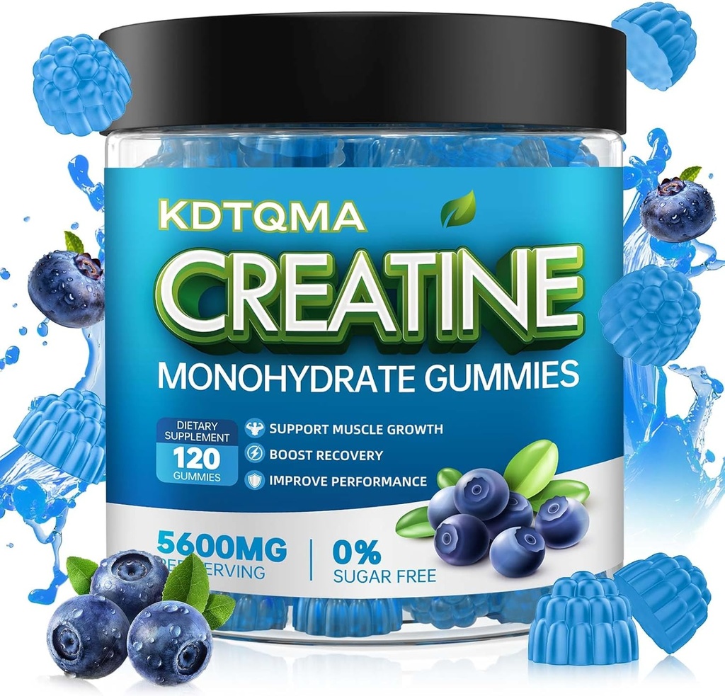 Kreatinmonohydrat Gummies för män och kvinnor 120 CT - 5600 mg kreatinmonohydrat per servering, tuggbar kreatinmonohydrat för muskelstöd och energiökning, sockerfri, Vegan (Blueberry smak)