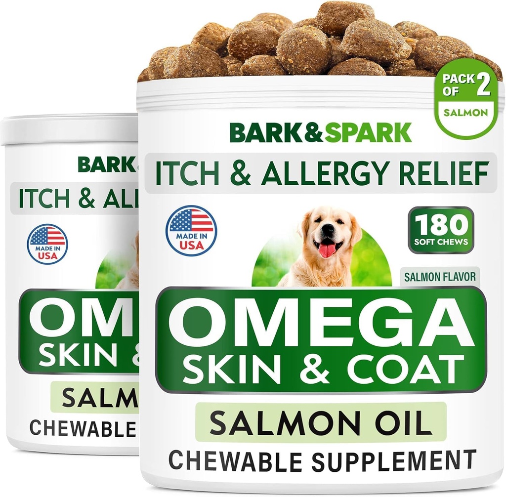 BARK & SPARK Omega 3 för hundar - 360 fiskoljebehandlingar för hundspridning, hudallergi, Itch Relief, Hot Spots Treatment - Gemensam hälsa - Hud och Coat Supplement - EPA & DHA fettsyror - Laxolja
