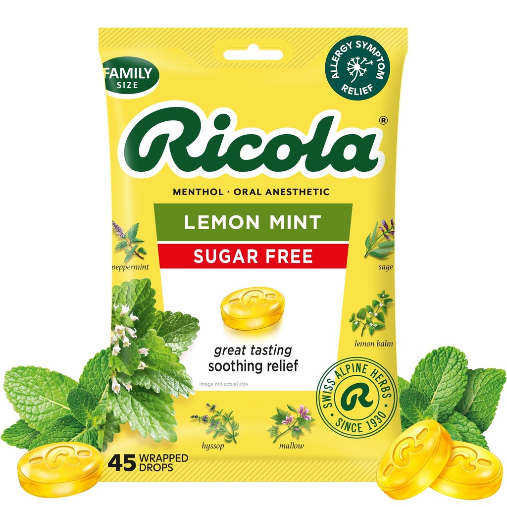 Ricola Sugar Free Lemon Mint Throat Drops, 45 greve, Uppfriskande lättnad från mindre halsirritationer, Oral Anesthetic