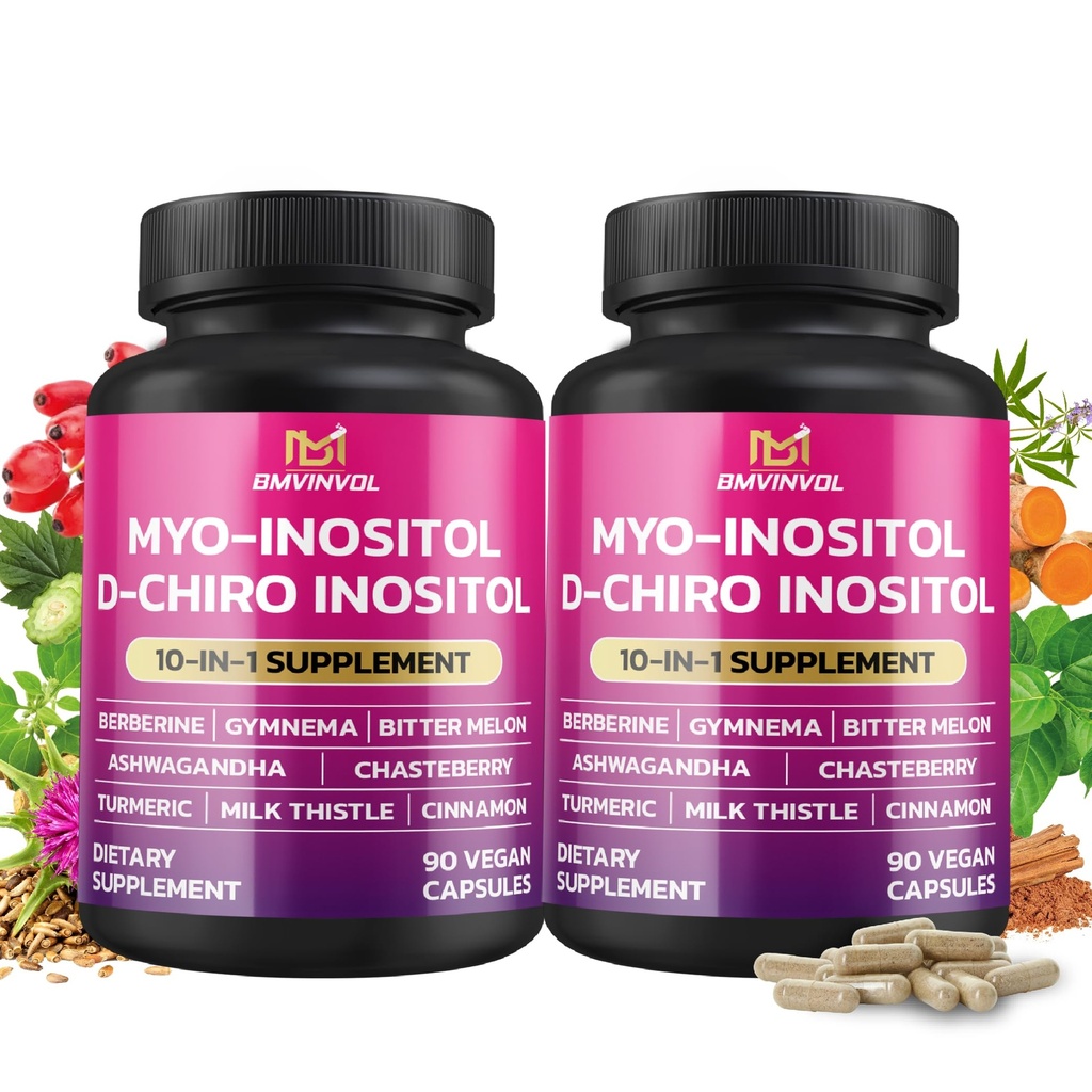 BMVINVOL 2 Pack Inositol Supplement-Myo-Inositol och D-Chiro Inositol Ideal 40:1 Ratio - Plus Berberine, Cinnamon, Ashwagandha + 5 More-60 Day Supply