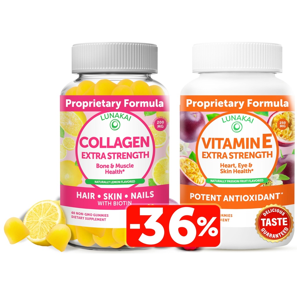 Lunakai Collagen och vitamin E Gummies Bundle - Icke-GMO Anti Aging Supplements for Men & Women - Natural Gummy med vitamin C & 250 mg Natural VIT E