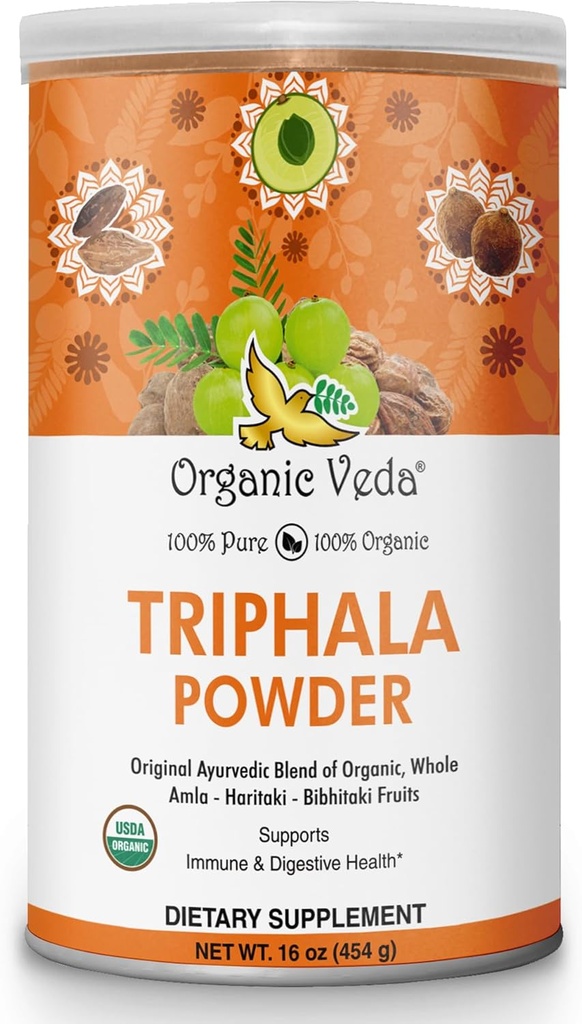Organic Veda Triphala Powder med Amla, Haritaki, Bibhitaki Fruits - 100% naturlig ayurvedisk Triphala Powder - Förbättrar immunstöd, Digestion, Colon Cleanse, hudhälsa - Vegan, icke-GMO - 16oz