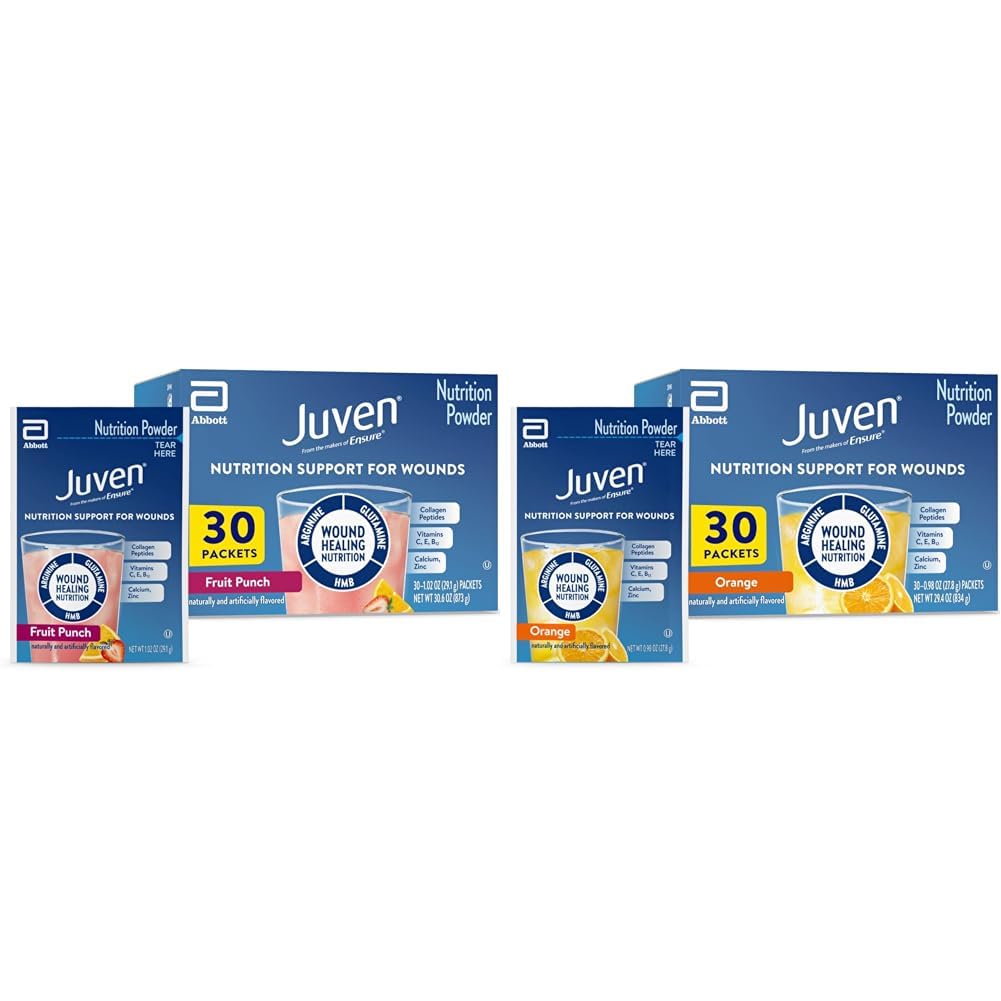 Juven Therapeutic Nutrition Drink Mix Powder för Wound Healing Support, Inkluderar Collagen Protein, Orange 30 Count & Fruit Punch 30 Count, 60 Total Packets