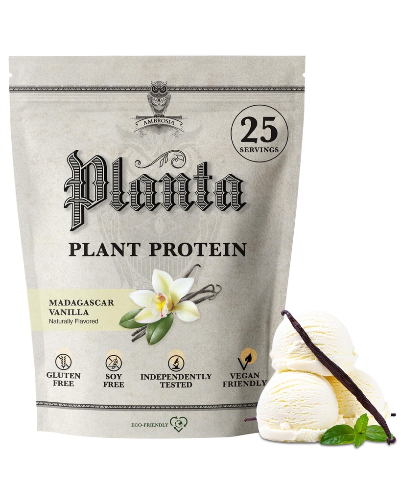 Ambrosia Planta - Premium Plant-Based Protein | Vegan & Keto Friendly | Gourmet smaker utan uppblåsthet eller mage upprörd | Gluten & Soy Free | No Added Sugar | 25 portioner | Vanilla