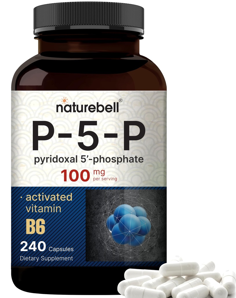 NatureBell P5P Vitamin B6 100mg Per Servering, 240 kapslar | Aktiverade Pyridoxal 5 Fosfattillskott - Vitaminer för hjärn- och minneshälsa - Icke-GMO