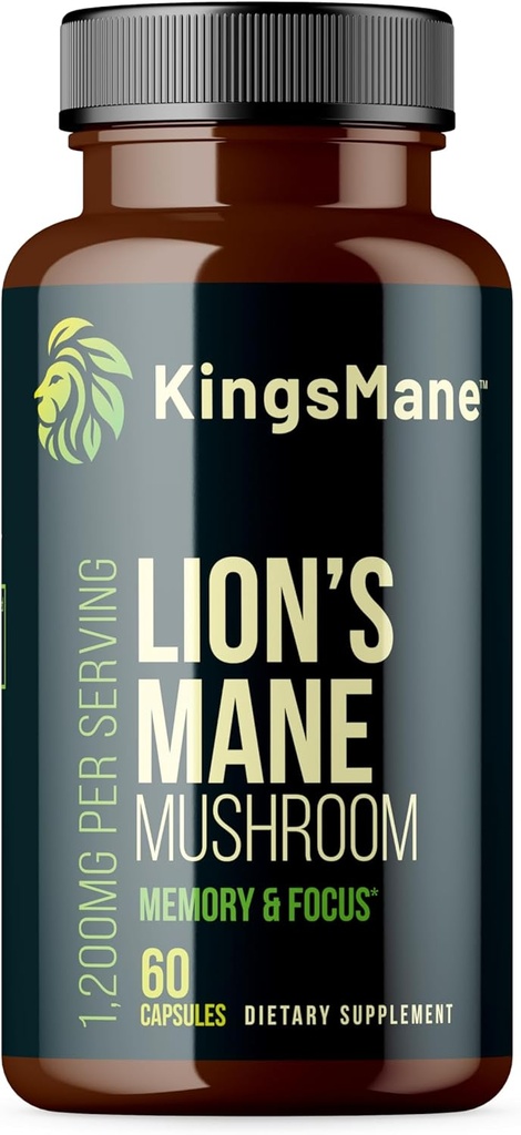 KingsMane TM Organic Lion's Mane Mushroom Supplement, Memory, Focus, & Clarity Brain Support, 1200mg, 60 kapslar