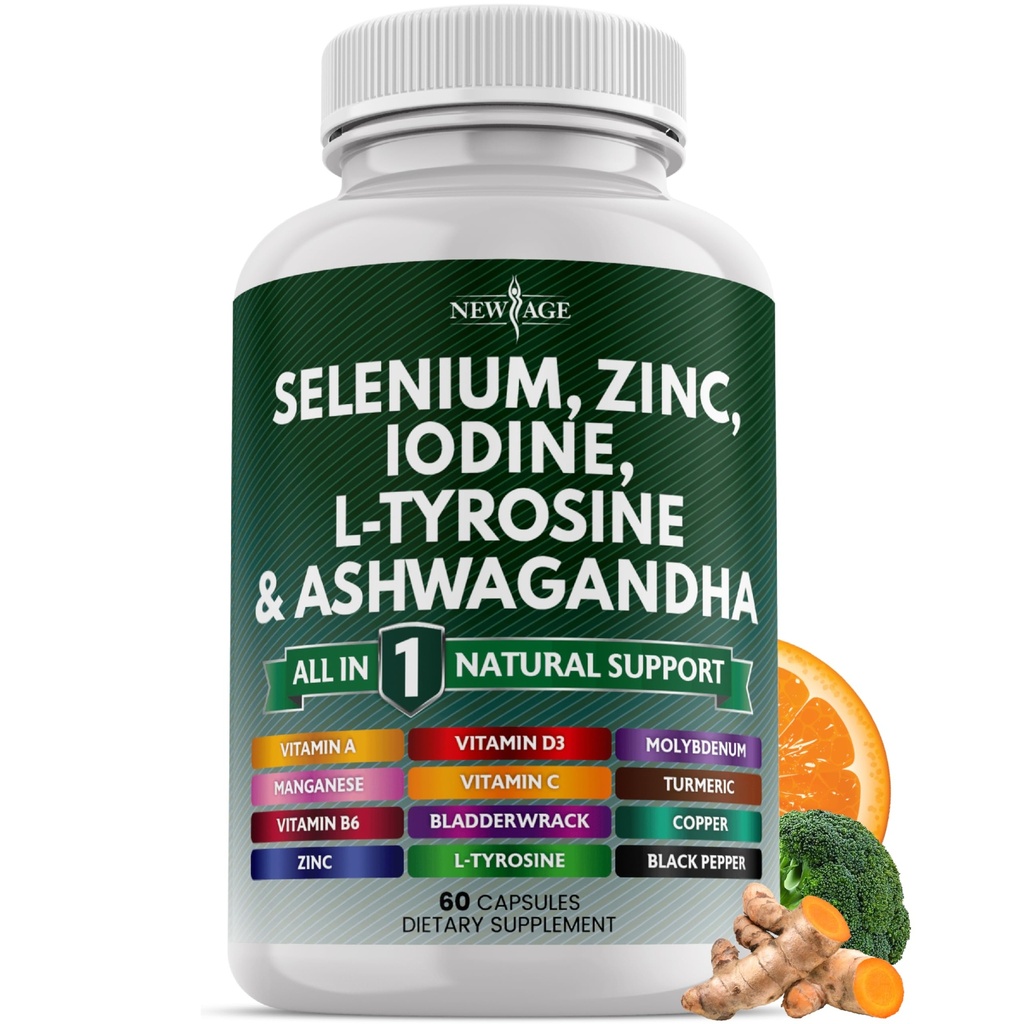 Selen, Zink, Iodine, L Tyrosine, Ashwagandha - Stöd tillskott för kvinnor och män med Bladderwrack, gurkmeja, Silica Kelp, Schisandra - 60 Count