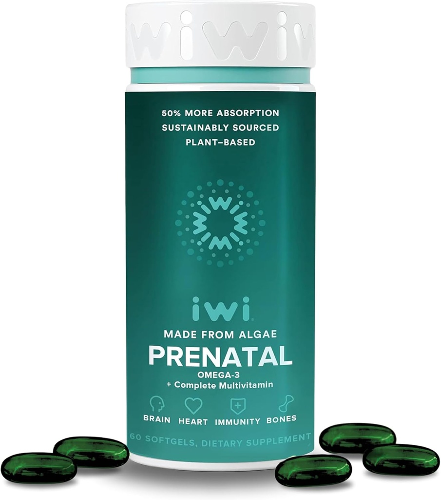 Iwi Life Prenatal Multivitamin, 60 Softgels (30 portioner), Vegan, Plant-Based Algae Omega 3 med EPA + DHA, Folate, Iron, Vitamin A, B12, C, D3, Calcium, Graviditet Kosttillskott för mamma och baby