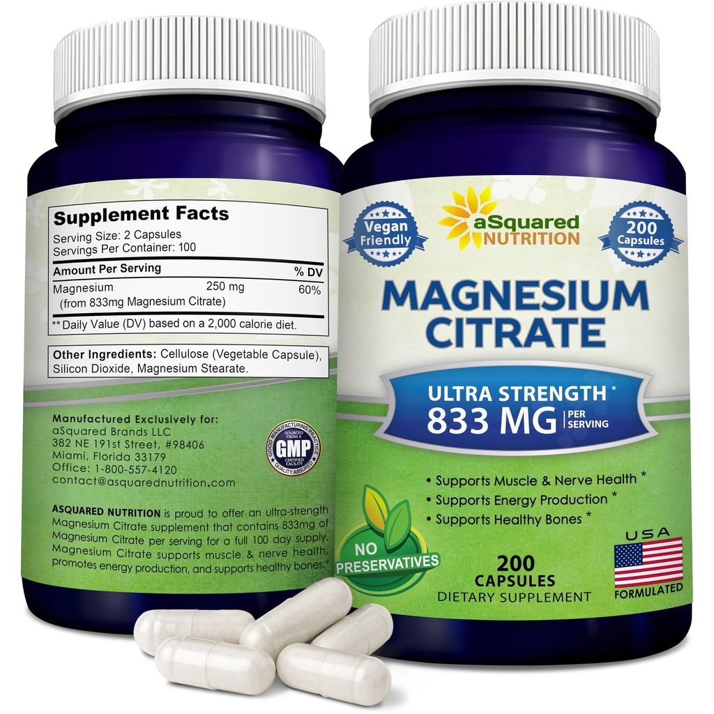 aSquared Nutrition Magnesium Citrate 833mg Supplement - 200 kapslar - Max Strength Vegan Mag Citrate Pulver Pills för att stödja ren funktion av muskler, hjärta och ben - hjälper till att öka energi