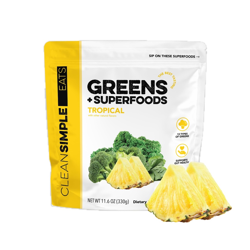 Clean Simple Eats Super Greens Powder, naturligt smaksatta gröna pulver med Chlorella, Spirulina, Superfoods & Prebiotic Fiber, inga artificiella ingredienser, Gluten Free, Tropical Greens smak, 30 Srvg