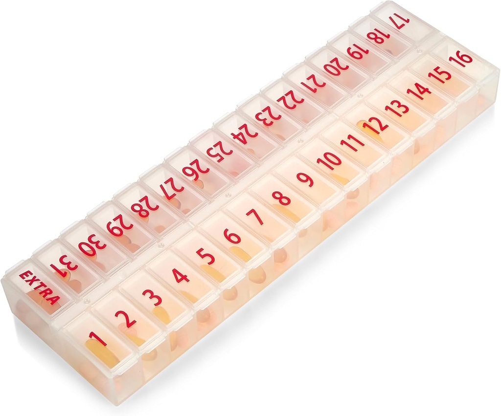 Stor Pill Organizer Månatliga 32-komponenter - 30-dagars Pill Organizer 1 gång per dag, stor kompartmentbox för mediciner, BPA-fri plast, flyttbart lock för lätt laddande medicin, vitaminer, klar