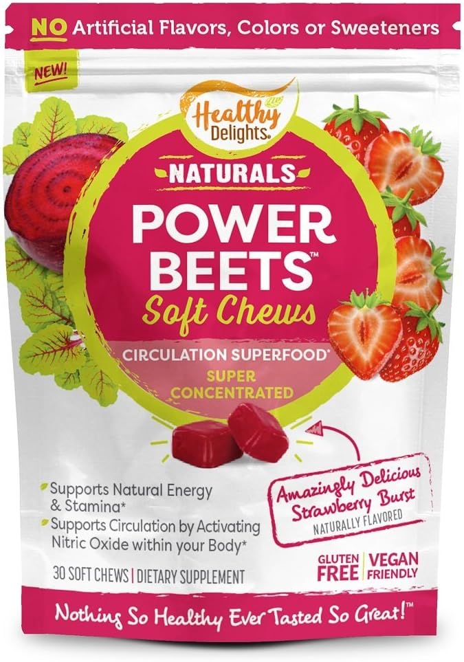 Healthy Delights Naturals Power Beets Soft Chews, Delicious Strawberry Burst, Concentrated Superfood Supplement, stöder cirkulation, naturlig energi och uthållighet, 30 greve