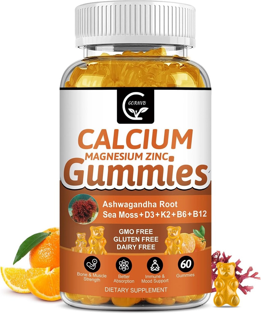 1200mg Calcium Gummies med vitamin D3,K2,B12 & B6 - Plant Complex Calcium Magnesium Supplement med Glycinate,Potassium,Sea Moss, Ashwagandha Root för Ben & Teeth Strength, Muscle & Immune