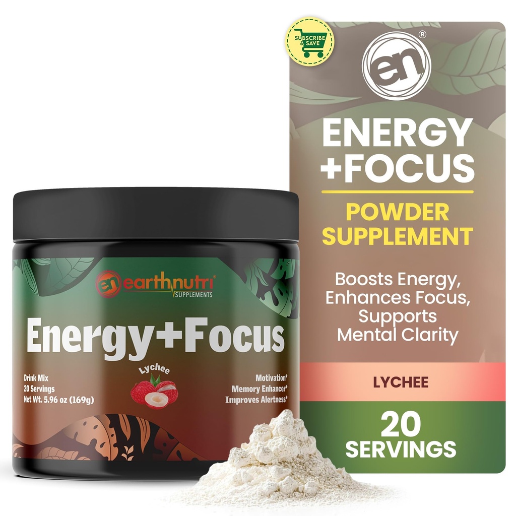EarthNutri Energy + Focus Powder Supplement - Energy Boost & hjälper koncentration med PeakO2, AlphaSize, Cognizin, PurCaf, Theacrine, Acetyl L-Carnitine L-Tyrosine - Lychee Flavor - 20 portioner (171g)