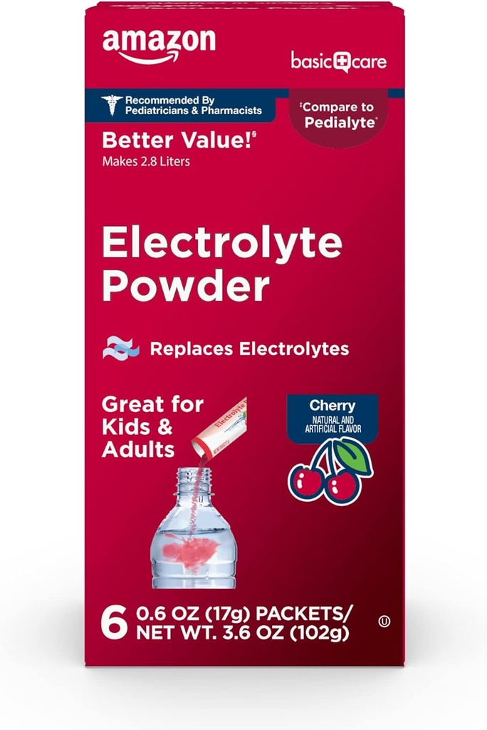 Grundläggande vård Electrolyte Powder Packets för barn & vuxna, Cherry Flavor, 6 räkning (Pack av 1)