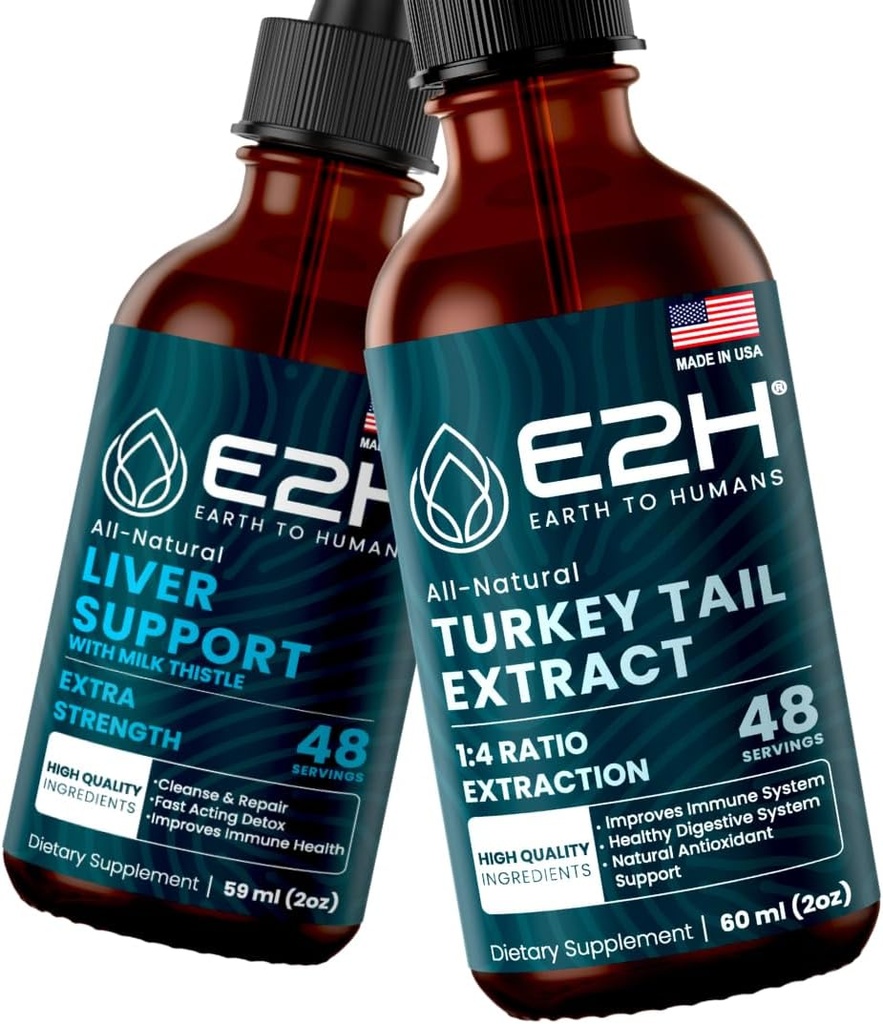 E2H: Liver Support Supplement och Turkiet Tail Mushroom Extract | Vegan, icke-GMO - 2 Fl Oz Varje (4 Fl Oz Total) - Bundle