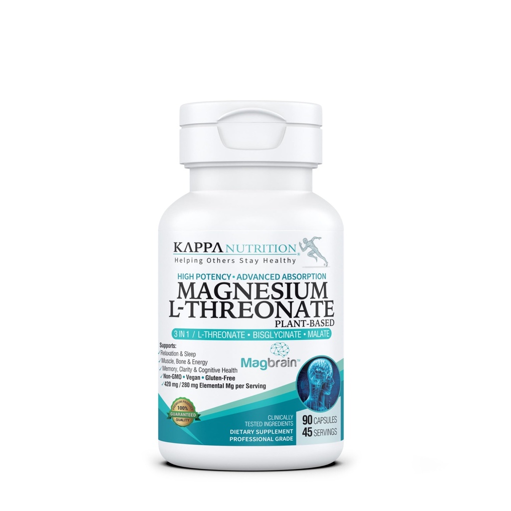 Kappa Nutrition Powered by Magbrain® Magnesium L-Threonate Plant-Based, 90 Vegan Capsules, 420mg Elemental Magnesium (3 Capsules) from 2,253mg, Brain, Sleep & Muscle Support.