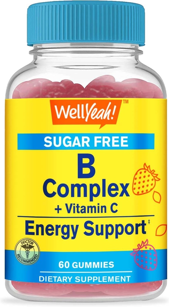 WellYeah Vitamin B Complex Sugar Free Gummies | med Vitamin C, Folic Acid | Immune and Energy Support | Strawberry Flavor | 60 Count