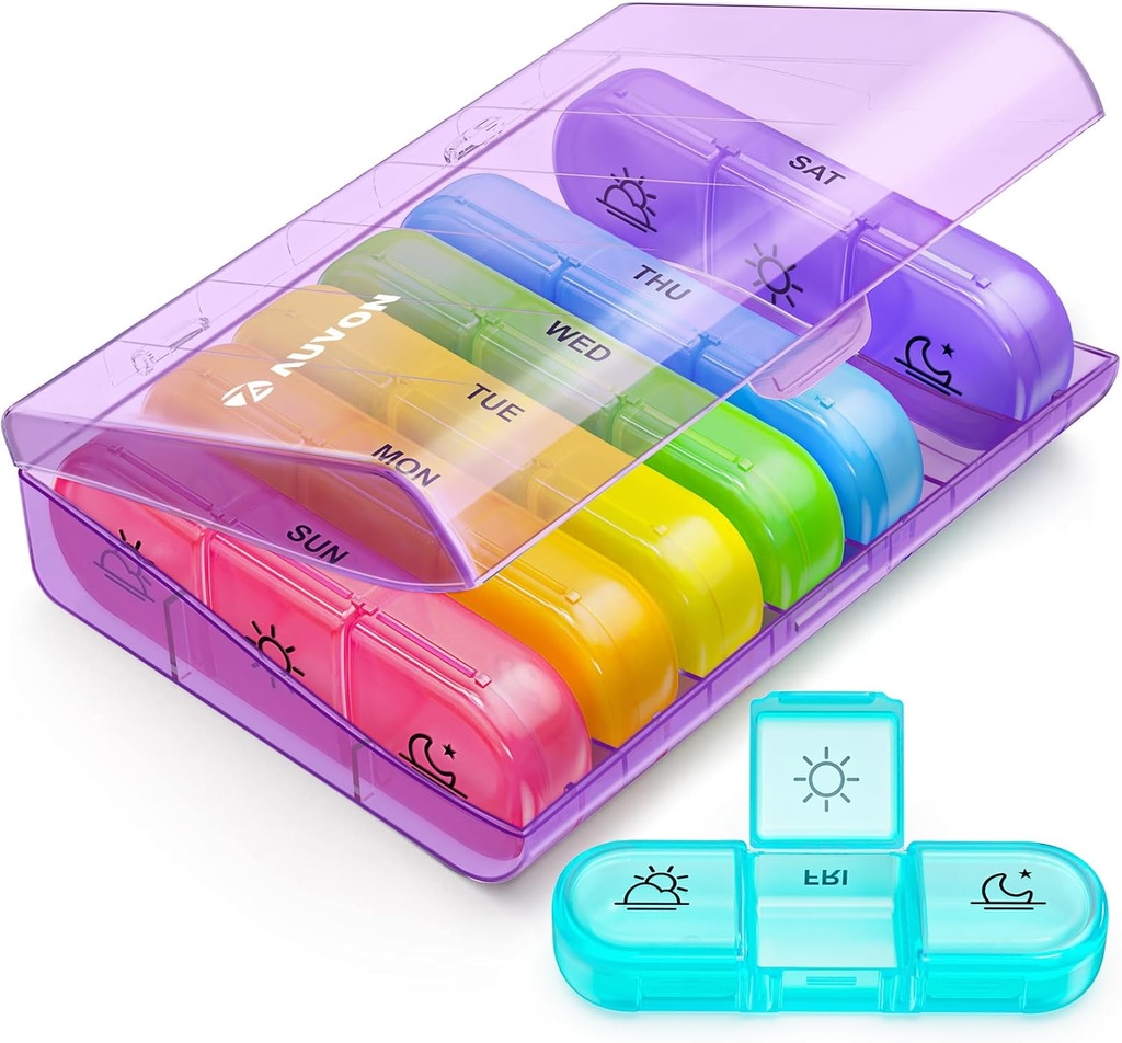 AUVON Weekly Pill Organizer 3 gånger om dagen, Large 7 Day Pill Box 3 gånger om dagen med separat behållare, bärbar pilfall för medicinering, vitaminer, fiskolja och kosttillskott