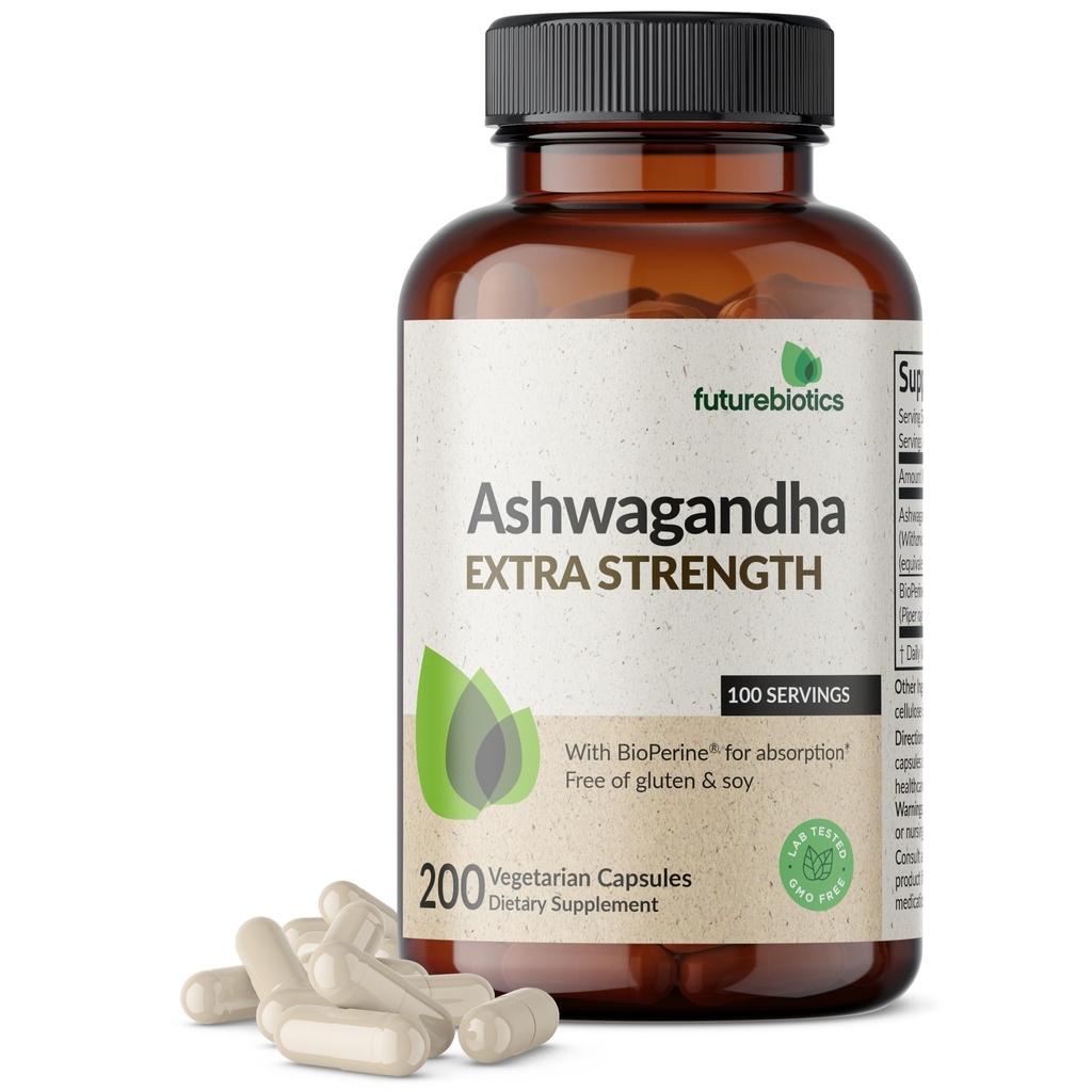 Futurebiotics Ashwagandha Extra Stress & Mood Support med BioPerine - Non GMO Formel, 200 vegetariska kapslar