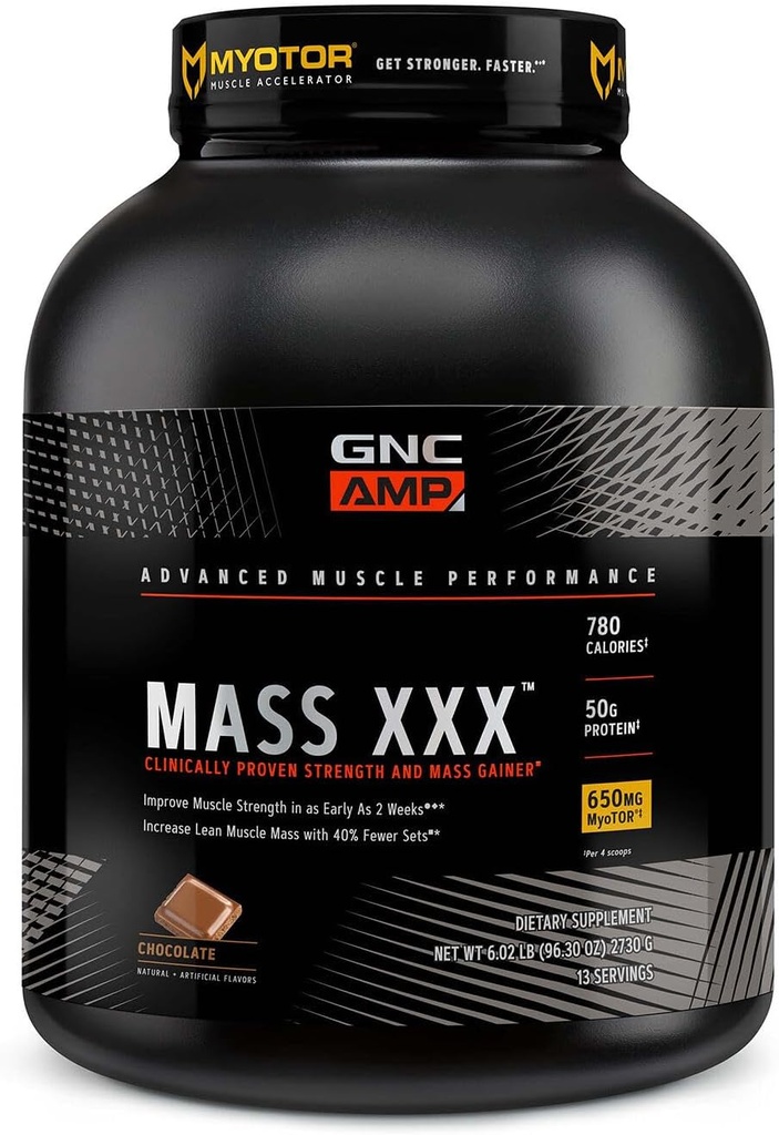 GNC AMP Mass XXX, kliniskt bevisad viktökningsproteinpulver, förbättrar styrka och storlek, 780 kalorier, 50g protein, mikroniserade aminosyror, kreatin, betaine, choklad, 13 portioner, 6 pund