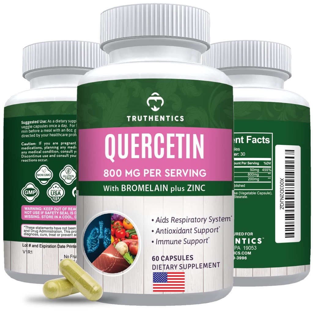 TRUTHENTICS Quercetin med Bromelain och Zink 1050mg - Premium Zinc Quercetin Supplements for Immune, Respiratory & Seasonal Support - Non-GMO, Gluten Free - 60 Veggie Capsules