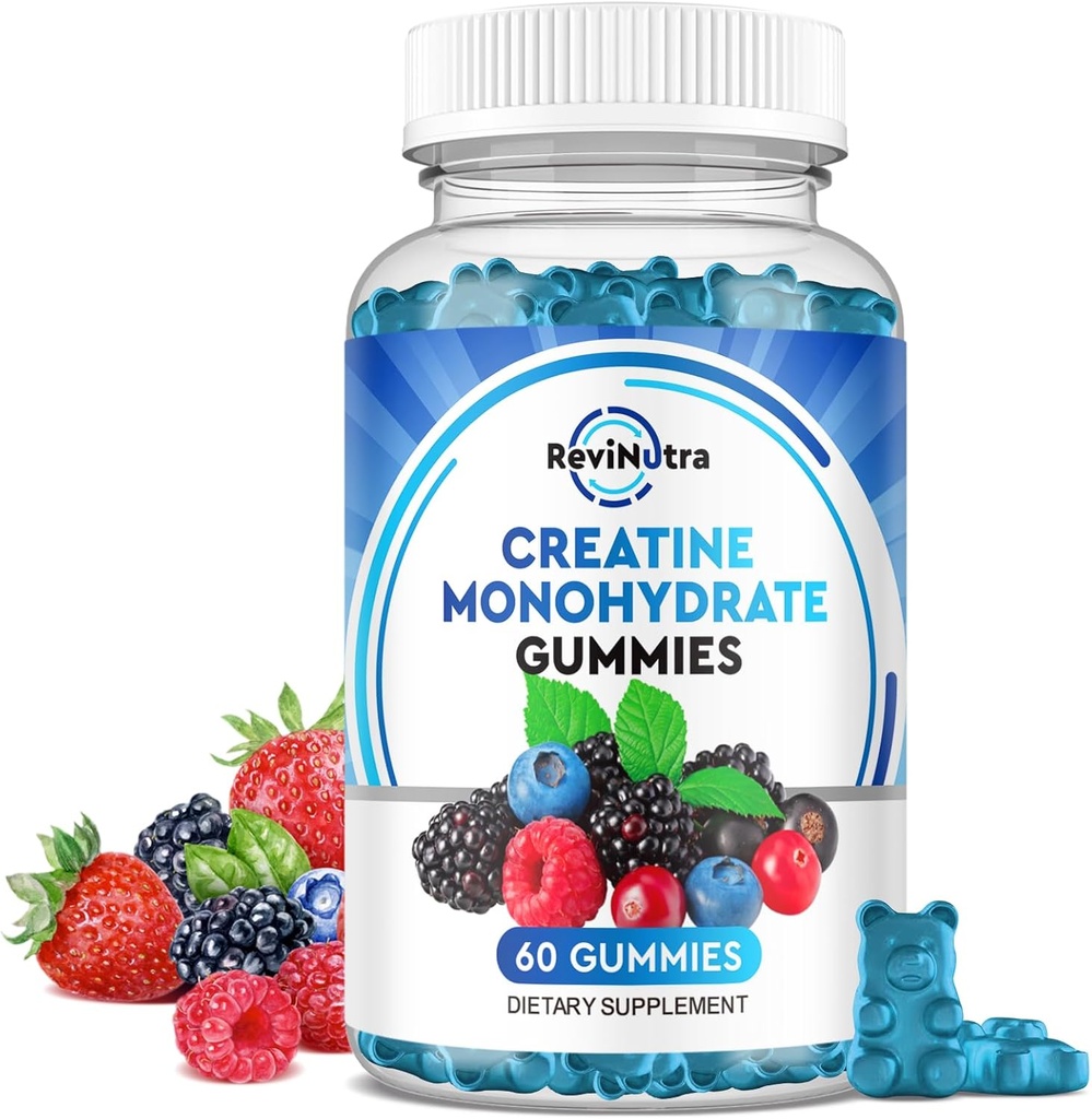 Kreatinmonohydrat Gummies för män och kvinnor, Chewables Creatine Monohydrate med vitamin B12 för muskeltillväxt och återhämtning-Vegan, blandad Berry smak, 60 Gummies
