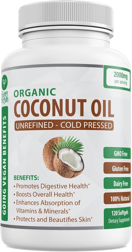 Organic Coconut Oil Capsules 2000mg - 100% Extra Virgin, Cold Pressed for Healthy Skin, Extra Hair Growth, Nail Care, Brain Booster - 120 Softgels - Unrefined Pure & Non GMO Pills - Rich i MCT