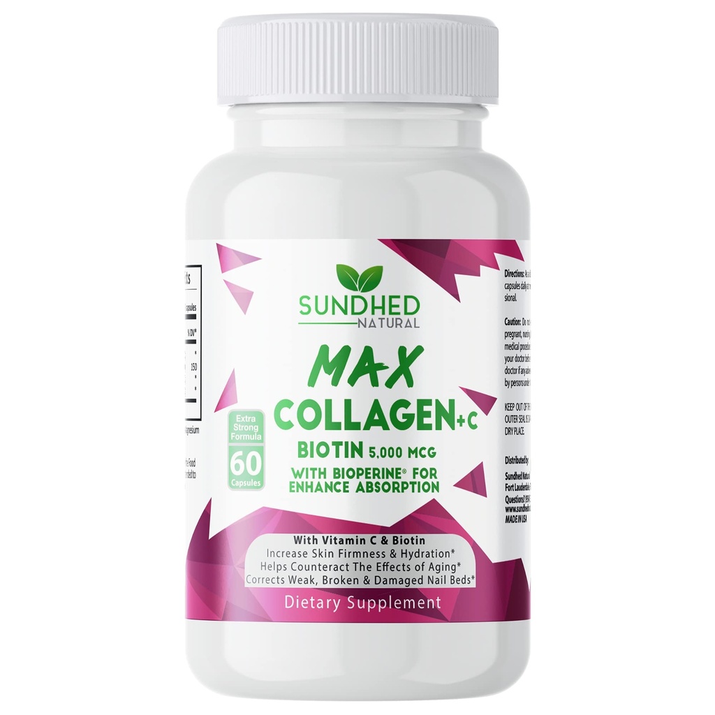 Max Collagen Plus C (60 caps) - Alla naturliga Collagen kapslar med Biotin & Bioperine för att öka anti åldrande Hydration & Skin Firmness - Kollagen piller för att stärka ben & naglar