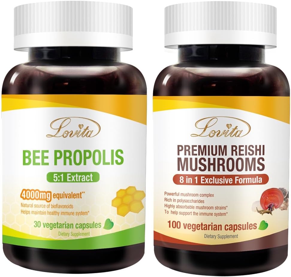 Lovita Bee Propolis Capsule & Premium Reishi Mushrooms Nutrients Bundle. Kosttillskott stöder bättre näring och övergripande välbefinnande