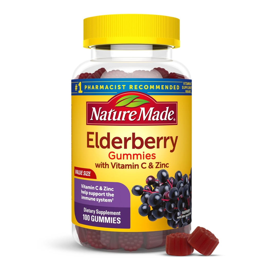 Nature Made Elderberry med vitamin C och Zink, Kosttillskott för immunstöd, 100 Gummies, 50 Day Supply