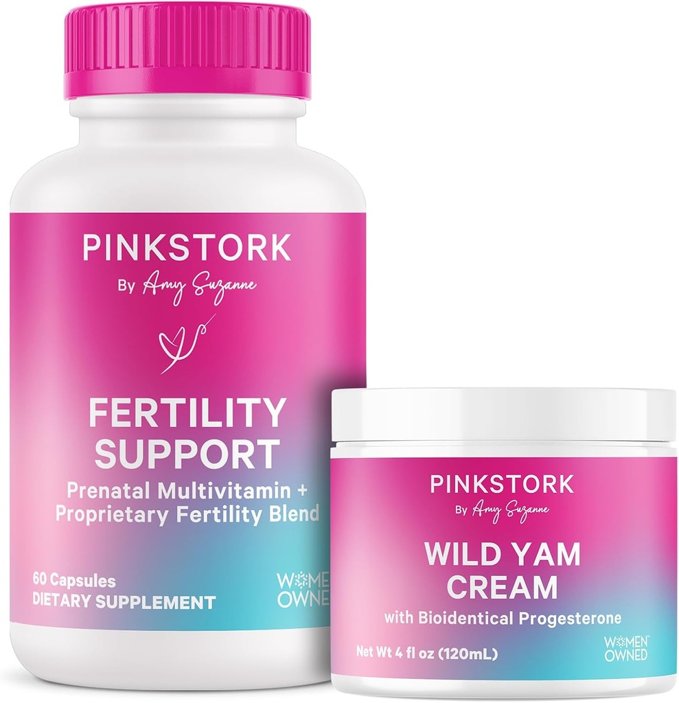 Rosa Stork fertilitetstillskott för kvinnor och Wild Yam Cream för att stödja konception och hormonbalans, Inositol, Ashwagandha, Vitex och Folate - Duo